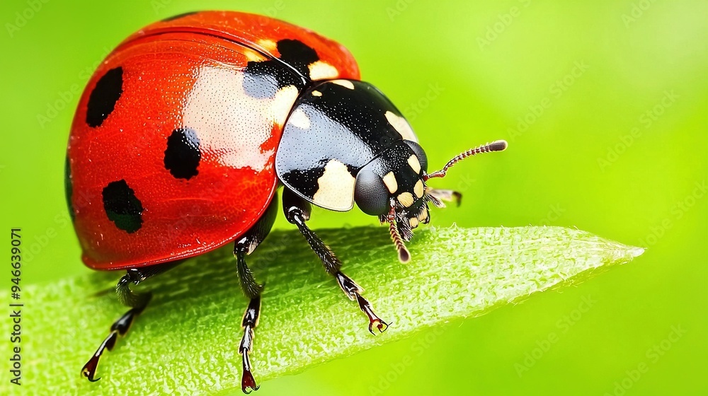 Fototapeta premium A close-up of a red and black ladybug on a green patch of grass with a hazy background