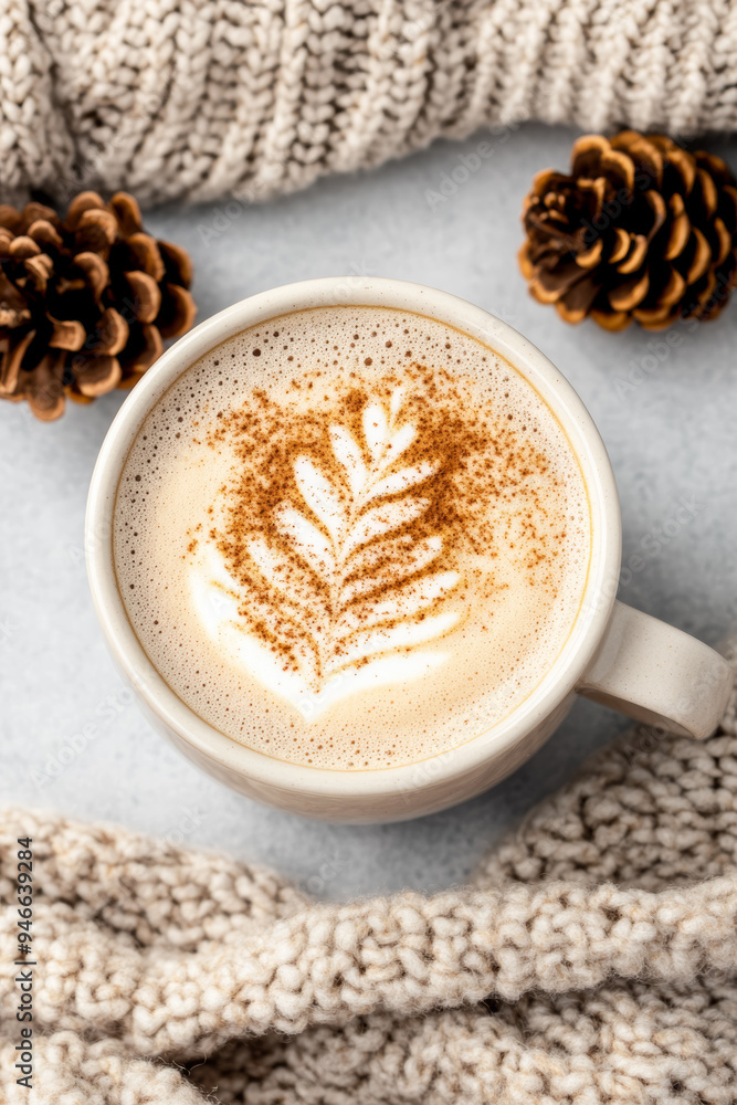 Flat lay of pumpkin spice latte art with cinnamon swirls on top surrounded by pinecones and cozy knit scarves neutral earthy tones Flat lay of pumpkin spice latte art with cinnamon swirls on top surrounded by pinecones and cozy knit scarves neutral earthy tones