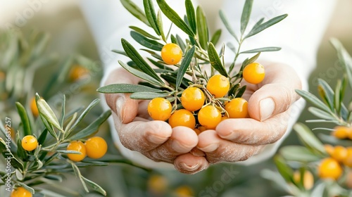   A close-up of a person holding a tree branch with yellow berries photo