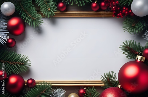 On a white background, a frame decorated with spruce branches and red and white Christmas toys. Free space in the middle for placing congratulations or advertising products.