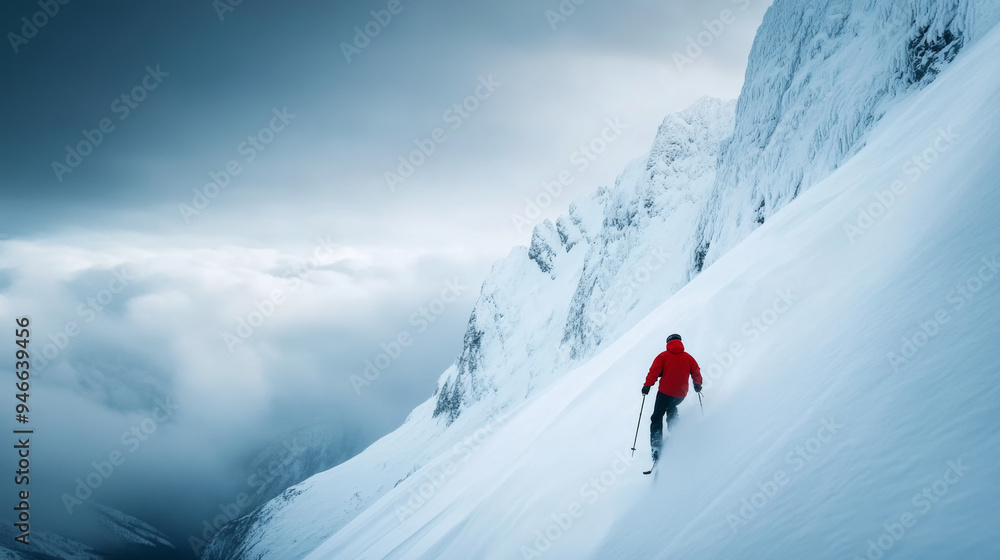Freeride skier dropping into a steep couloir snow cascading down the slope sharp cliffs and rocky terrain creating an extreme adventure vibe Freeride skier dropping into a steep couloir snow cascading down the slope sharp cliffs and rocky terrain creating an extreme adventure vibe