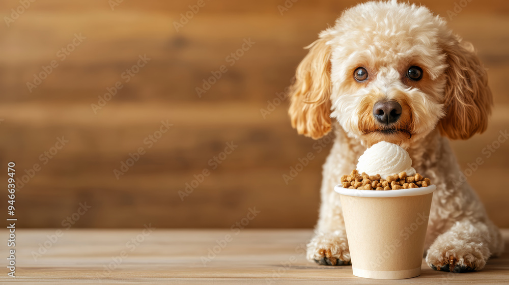 Fluffy poodle savoring a gourmet dog ice cream cup with peanut butter swirl and crunchy kibble toppings rustic wooden table soft golden light cozy vibes Fluffy poodle savoring a gourmet dog ice cream cup with peanut butter swirl and crunchy kibble toppings rustic wooden table soft golden light cozy vibes