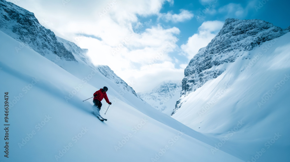 Freeride skier dropping into a steep couloir snow cascading down the slope sharp cliffs and rocky terrain creating an extreme adventure vibe Freeride skier dropping into a steep couloir snow cascading down the slope sharp cliffs and rocky terrain creating an extreme adventure vibe