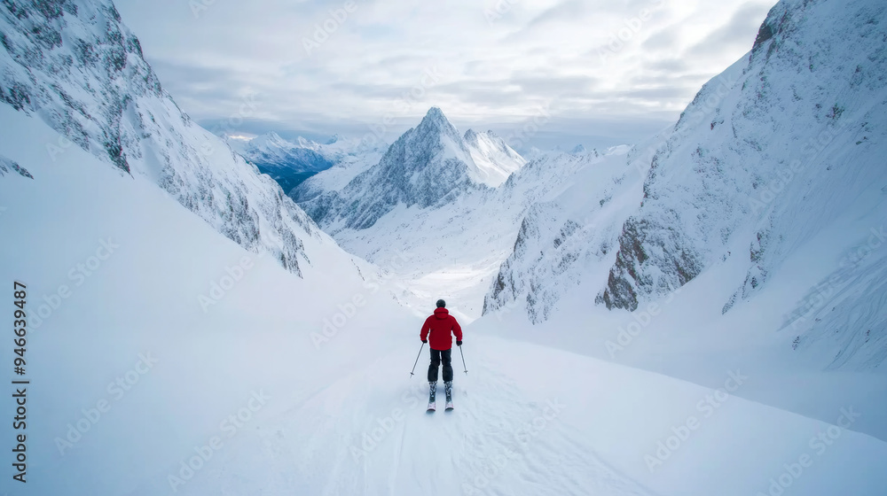 Freeride skier dropping into a steep couloir snow cascading down the slope sharp cliffs and rocky terrain creating an extreme adventure vibe Freeride skier dropping into a steep couloir snow cascading down the slope sharp cliffs and rocky terrain creating an extreme adventure vibe