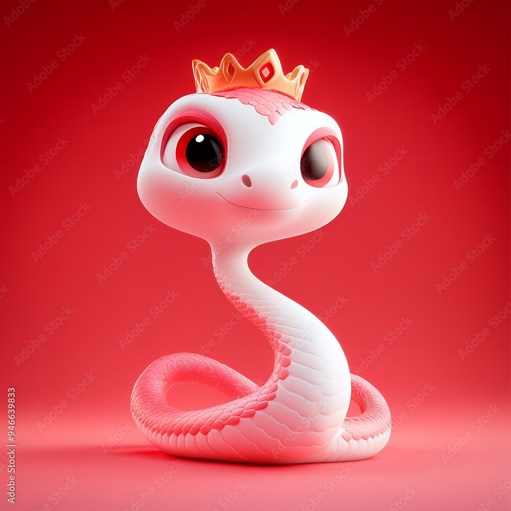 Fototapeta premium A cute cartoon snake wearing a crown against a vibrant red background.