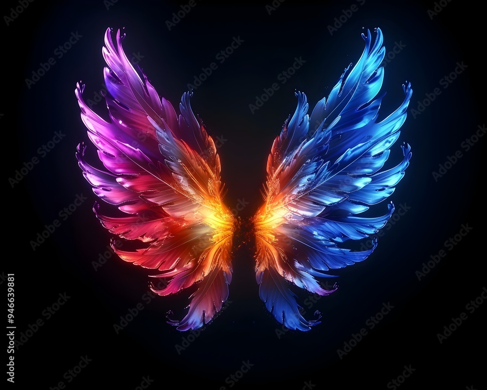 Vibrant Neon Alien Wings Against Dramatic Black Background Vibrant Neon Alien Wings Against Dramatic Black Background