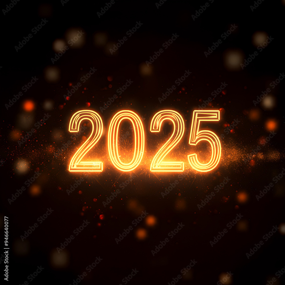 Happy new 2025 year postcard, poster with glowing numbers on black background, sparkling, magic, festive, greeting, invitation card. Happy new 2025 year postcard, poster with glowing numbers on black background, sparkling, magic, festive, greeting, invitation card.