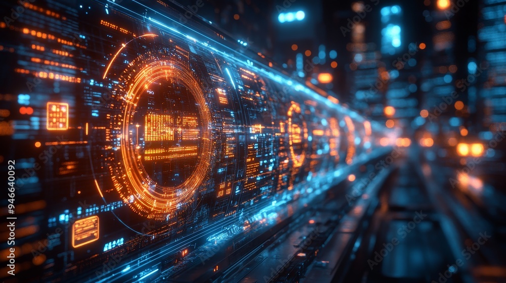 Holographic symbols illuminate a high-tech urban environment, casting colorful reflections across modern structures in a nighttime setting. Holographic symbols illuminate a high-tech urban environment, casting colorful reflections across modern structures in a nighttime setting.