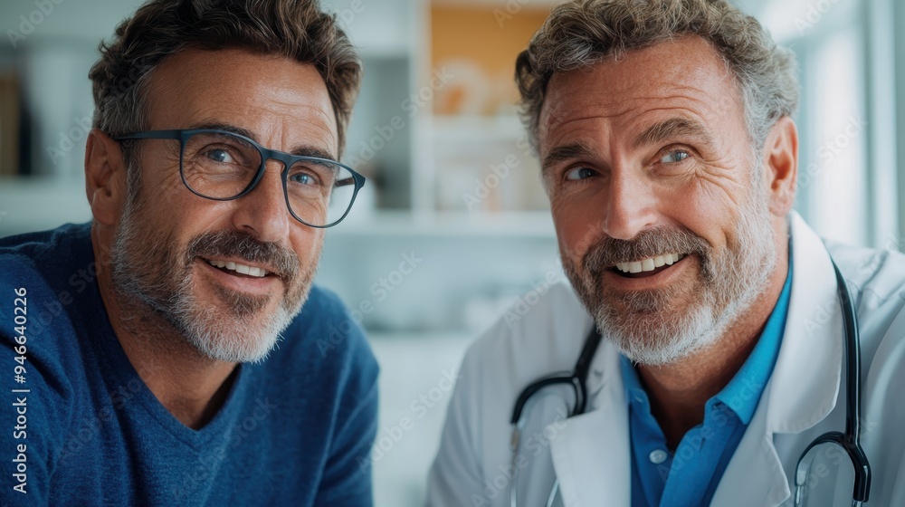 Two doctors smile warmly in a clinical environment; one wears a stethoscope. They exhibit approachability and professionalism, symbolizing trust and quality healthcare. Two doctors smile warmly in a clinical environment; one wears a stethoscope. They exhibit approachability and professionalism, symbolizing trust and quality healthcare.