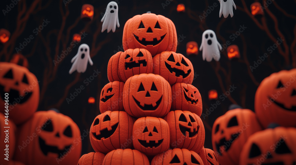 Halloween shop display featuring a towering stack of pumpkins, ghostly figures floating above, and flickering candles dark tones with orange and black accents Halloween shop display featuring a towering stack of pumpkins, ghostly figures floating above, and flickering candles dark tones with orange and black accents
