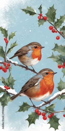 Elegant Vertical Christmas Card: Traditional Watercolor Illustration of Two Robins Perched on Snowy Holly Branches with a Winter Blue Sky Background photo