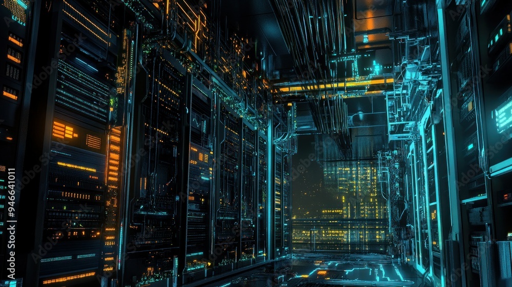 Futuristic Server Room with Glowing Blue and Orange Lights Futuristic Server Room with Glowing Blue and Orange Lights