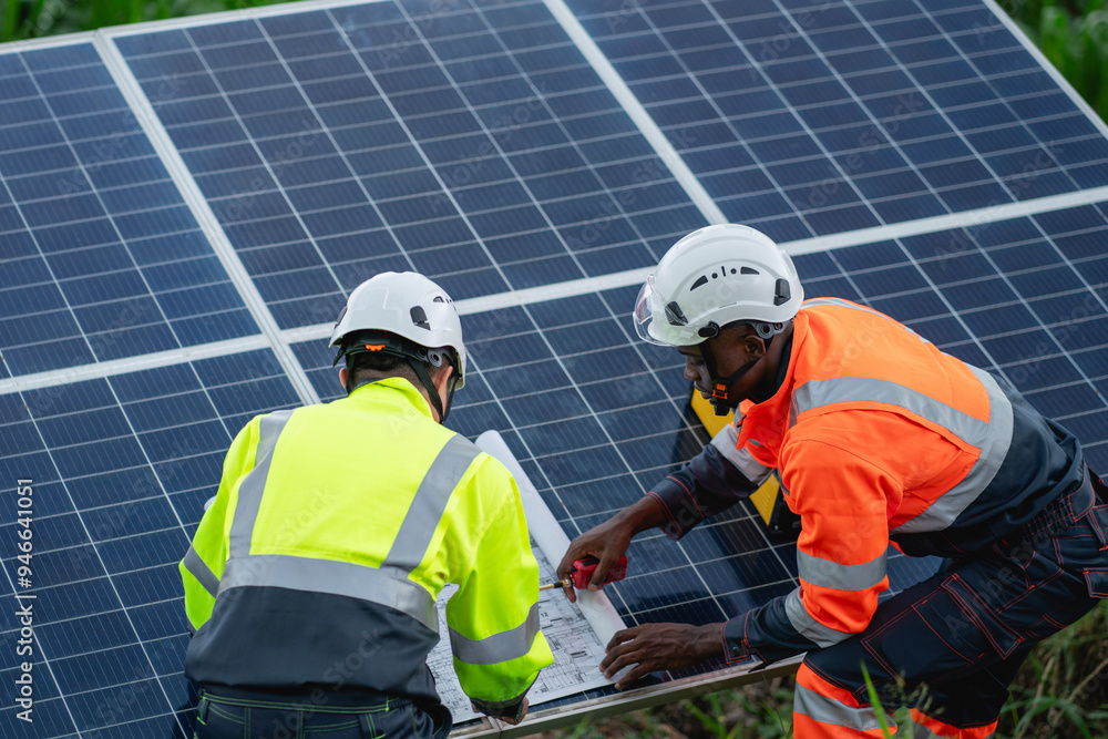 Service engineer check and maintenance solar panels in cultivation area. Clean energy concept. Service engineer check and maintenance solar panels in cultivation area. Clean energy concept.