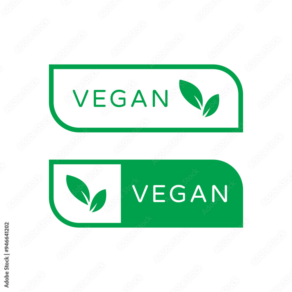 Vegan green vector labels with leaves on white background. Organic, bio ...