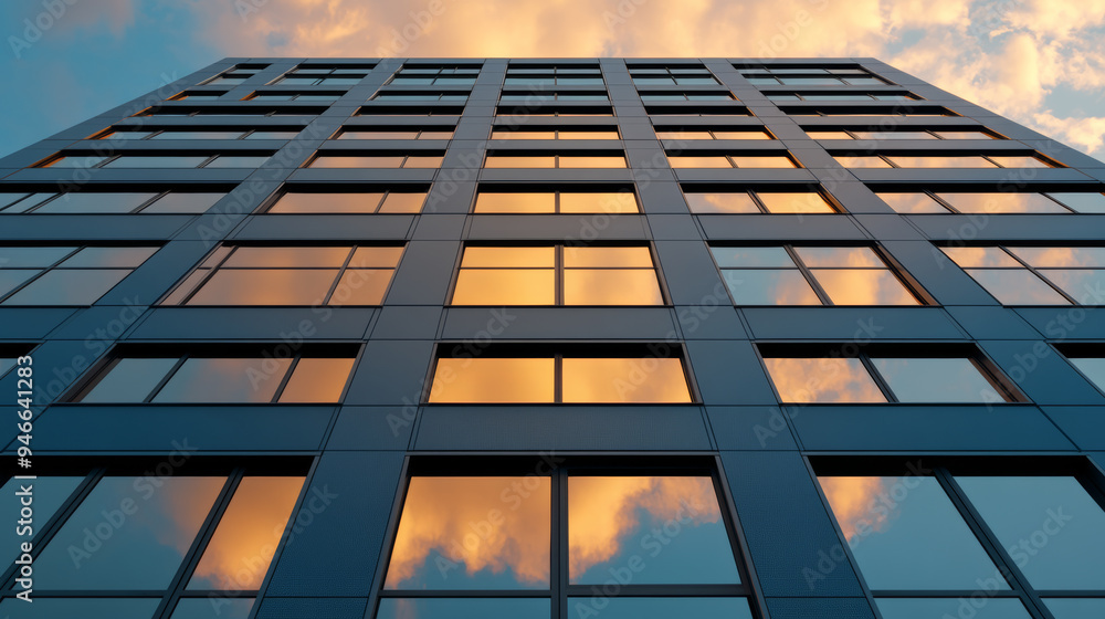 High-rise building with rows of PVC windows reflecting the sunset sky ...