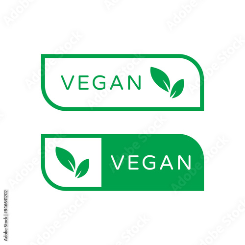Vegan green vector labels with leaves on white background. Organic, bio and vegetarian symbol. Meat free, eco, lactose free, healthy, fresh and non violent food.