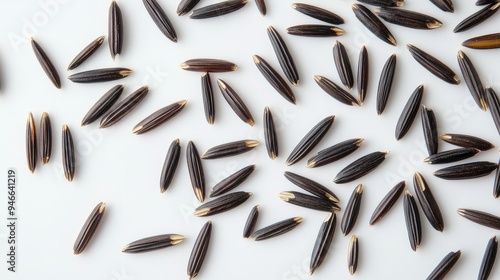 Close-up of wild rice grains scattered randomly across a white background, showcasing their dark color and slender shape, no people. photo