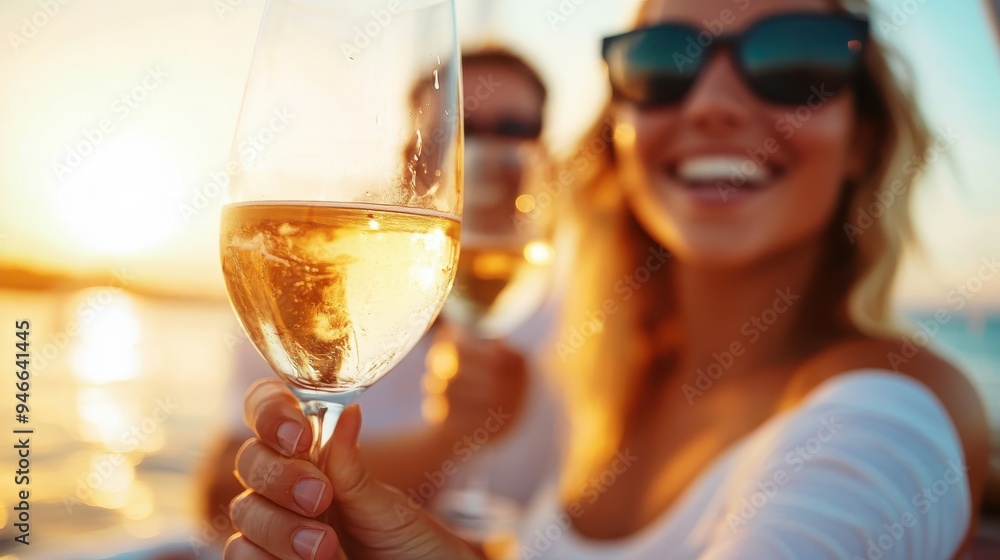 A joyful woman in sunglasses holding a glass of wine near a water body at sunset, showcasing a bright and vibrant moment of happiness and relaxation. A joyful woman in sunglasses holding a glass of wine near a water body at sunset, showcasing a bright and vibrant moment of happiness and relaxation.