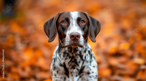 Hunting dog retrieving a pheasant in a forest blanketed with autumn leaves hunter watching proudly from a distance perfect capture of the season’s hunt 