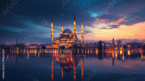 Stunning mosque reflecting in calm water against colorful sunset and night sky photo