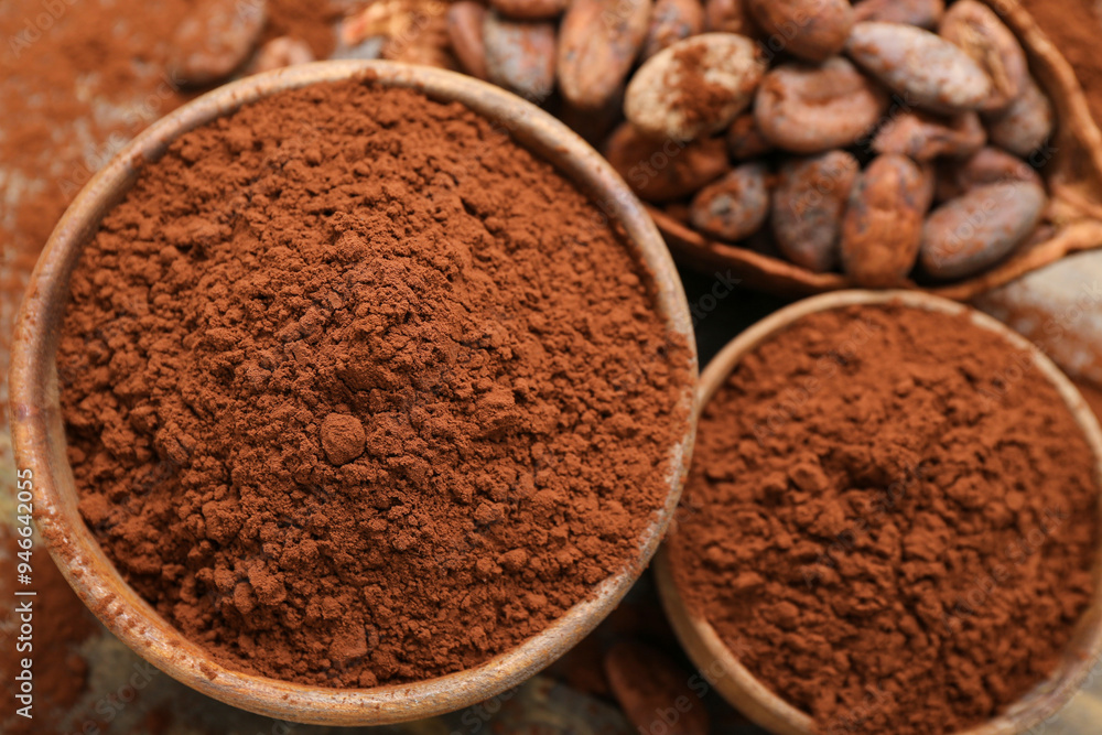 Bowls with cocoa powder on table Bowls with cocoa powder on table