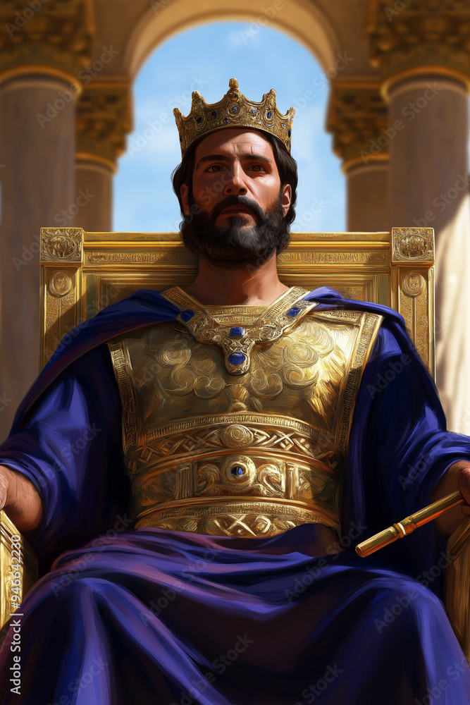 Naklejka premium Majestic King Solomon seated on a grand ancient throne