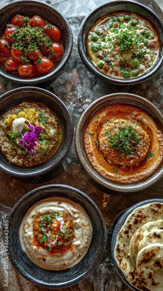 A colorful spread of various Arabic dishes showcases rich flavors and authentic ingredients in a warm, inviting setting A colorful spread of various Arabic dishes showcases rich flavors and authentic ingredients in a warm, inviting setting