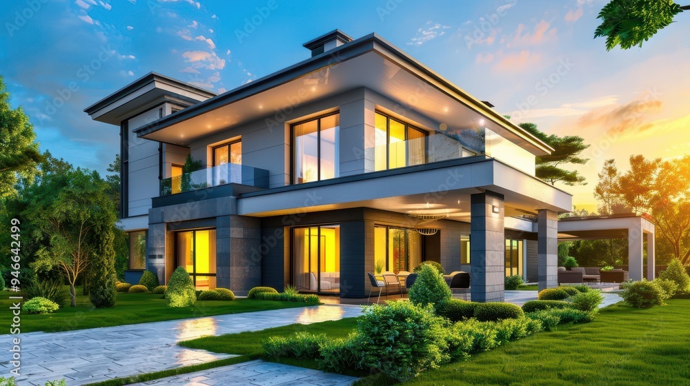 modern suburban house with green grass and blue sky at sunrise exterior photo modern suburban house with green grass and blue sky at sunrise exterior photo