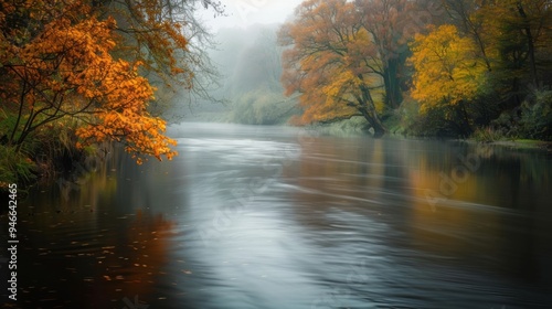 Misty autumn river with orange and yellow trees, showcasing serene and tranquil nature during fall season