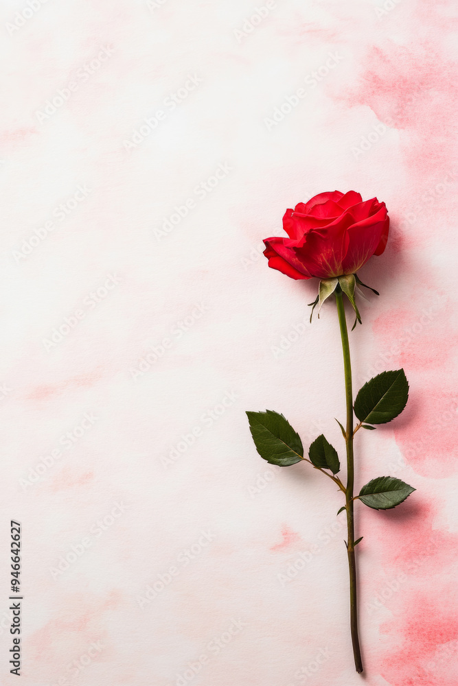Minimalistic St Valentine's invitation with a handwritten red cursive font, a single rose stem, and light pink watercolor stains on a white background with soft shadows Minimalistic St Valentine's invitation with a handwritten red cursive font, a single rose stem, and light pink watercolor stains on a white background with soft shadows