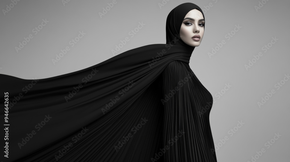 Modern Arabian woman in a minimalist monochrome outfit with a flowing pleated abaya and a matching scarf posing in a studio elegant yet bold fashion Modern Arabian woman in a minimalist monochrome outfit with a flowing pleated abaya and a matching scarf posing in a studio elegant yet bold fashion