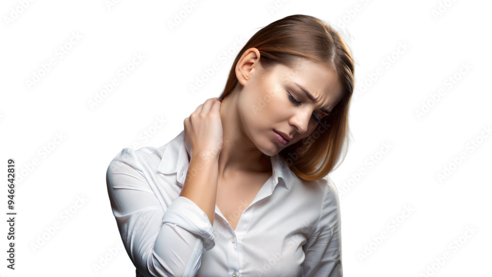 Woman holding her neck in pain, isolated on transparent background. Woman holding her neck in pain, isolated on transparent background.