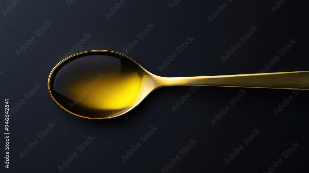 golden olive oil in a sleek spoon against a dark background golden olive oil in a sleek spoon against a dark background