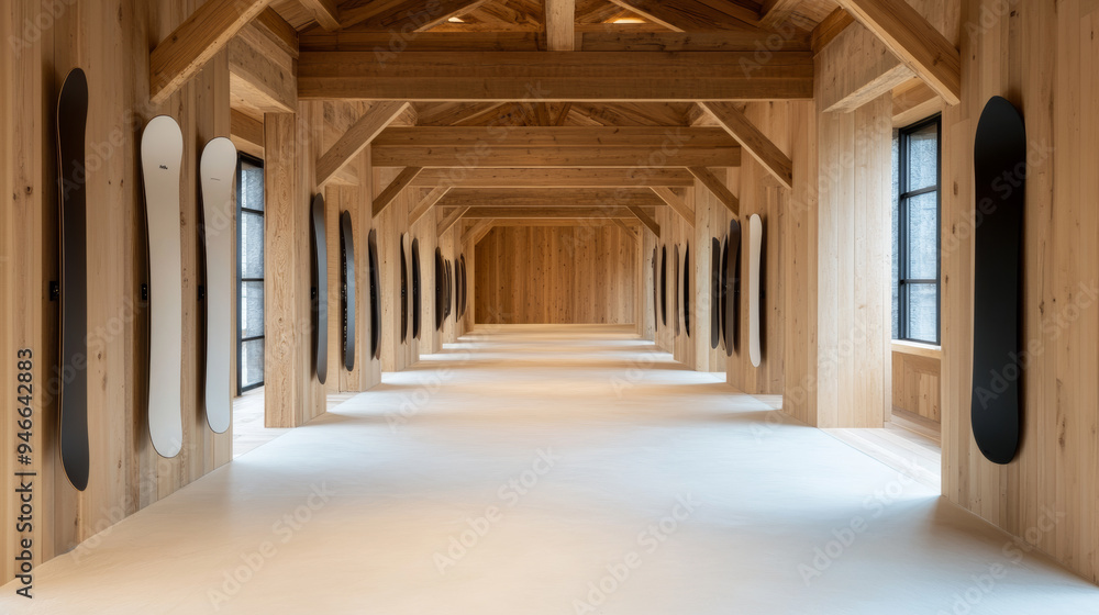 Modern snowboard shop inside a repurposed barn walls lined with high-end snowboards clean and minimalistic design with large wooden beams visible sleek rustic blend Modern snowboard shop inside a repurposed barn walls lined with high-end snowboards clean and minimalistic design with large wooden beams visible sleek rustic blend