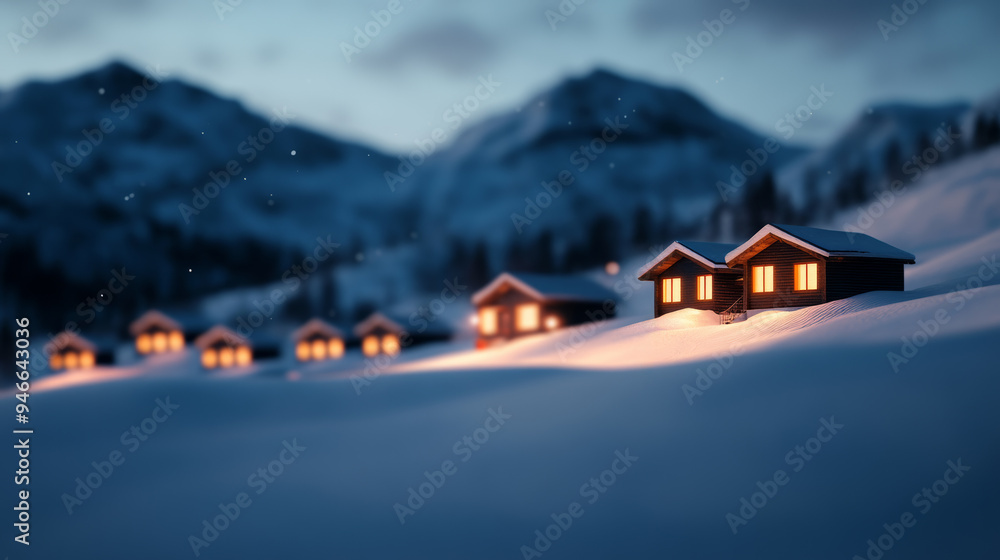 Fototapeta premium Nighttime at a ski resort lit by warm lights cozy chalets glowing under a starry sky snowy slopes ready for night skiing festive winter scene with lively atmosphere