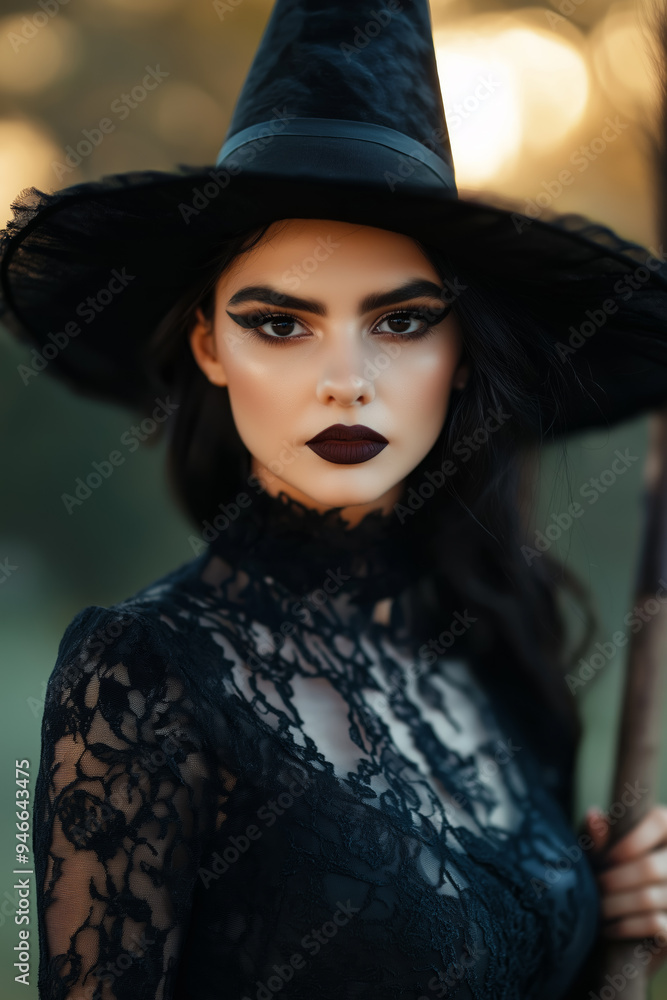 Portrait of a woman wearing a gothic witch costume with a pointed hat black lace dress and smoky eye makeup holding a broom eerie moonlit forest in the background Portrait of a woman wearing a gothic witch costume with a pointed hat black lace dress and smoky eye makeup holding a broom eerie moonlit forest in the background