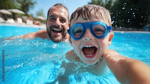 Wallpaper Mural A fun swim session between father and son in an outdoor pool, with the son excitedly reaching out towards the camera, both enjoying a moment of fun and laughter. Torontodigital.ca