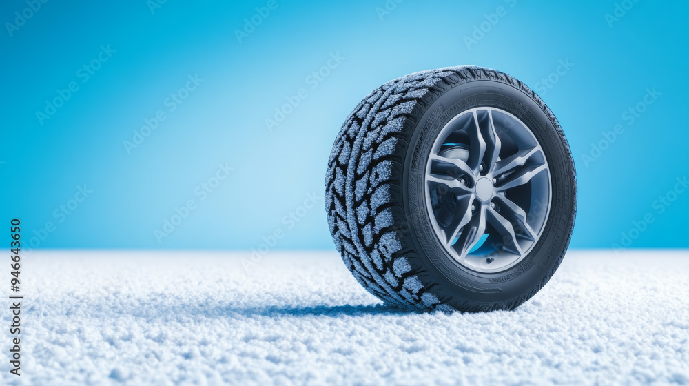 Premium winter tire with soft snow resting on the tread isolated against a gradient background blending from cool white to icy silver combining style and functionality Premium winter tire with soft snow resting on the tread isolated against a gradient background blending from cool white to icy silver combining style and functionality