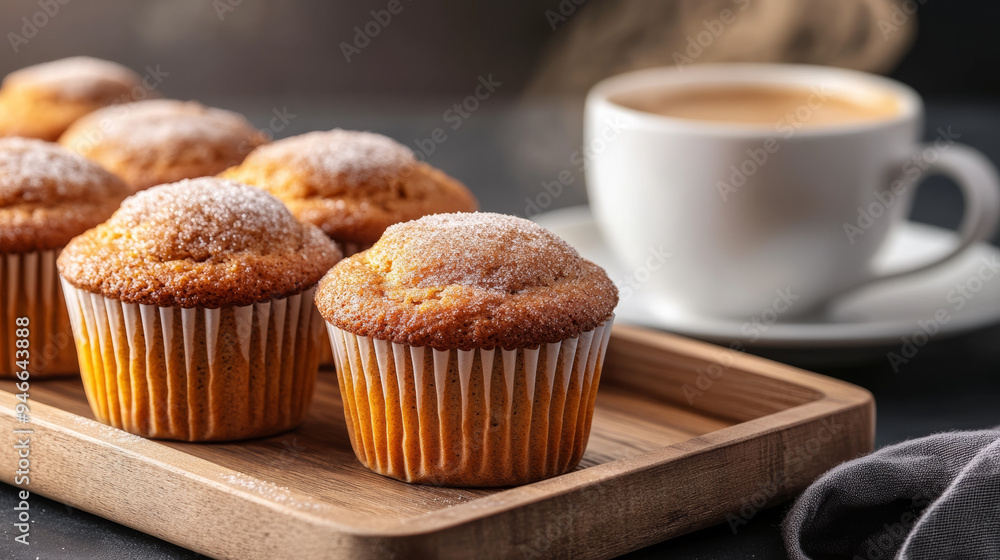 Pumpkin spice muffins topped with cinnamon sugar arranged on a wooden tray next to a steaming cup of coffee warm golden light cozy autumn feel Pumpkin spice muffins topped with cinnamon sugar arranged on a wooden tray next to a steaming cup of coffee warm golden light cozy autumn feel