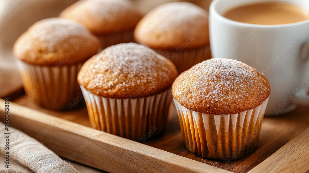 Pumpkin spice muffins topped with cinnamon sugar arranged on a wooden tray next to a steaming cup of coffee warm golden light cozy autumn feel Pumpkin spice muffins topped with cinnamon sugar arranged on a wooden tray next to a steaming cup of coffee warm golden light cozy autumn feel