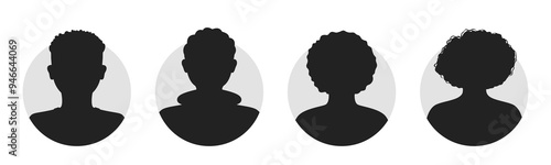 African American male and female portraits, silhouettes, avatars or profiles of unknown anonymous people. Man, woman, people. Black and white vector illustration. All objects are isolated