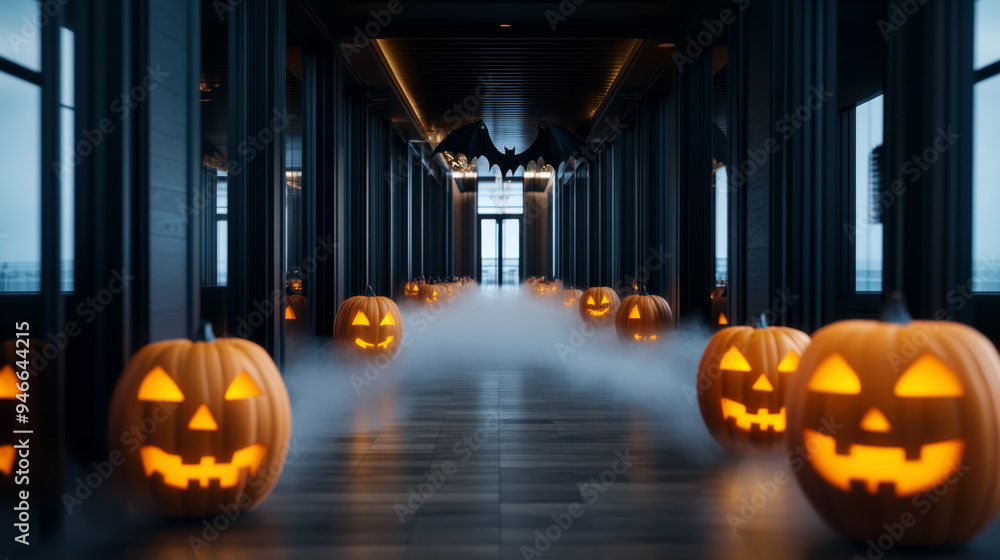Obraz premium Restaurant entrance decorated with towering jack-o'-lanterns, hanging bats, and fog rolling across the floor dark and mysterious Halloween welcome 