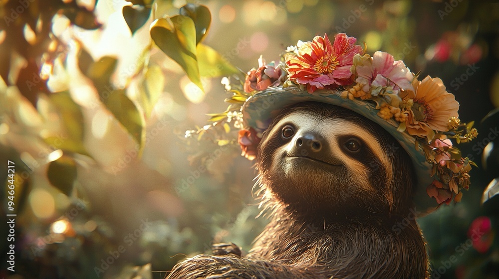 Fototapeta premium A sloth with a flower crown on its head is standing in the leaves and flowers of a tree