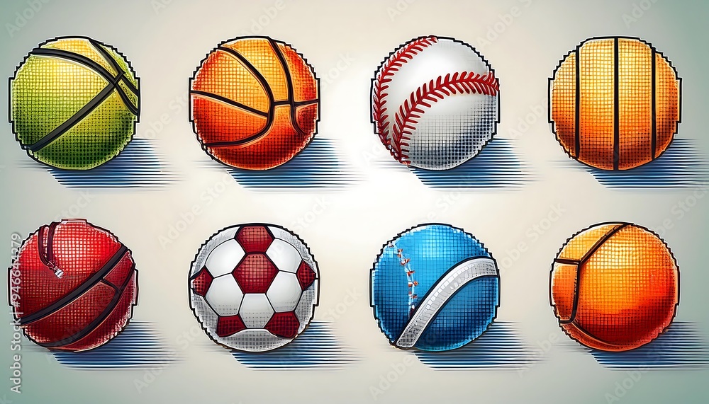 Pixelated Simple Pixel Art Sports Set - set of super simple 16-bit pixel art icons for tennis, football volleyball. Game design assets. Graphic art 8 bit illustration isolated Pixelated Simple Pixel Art Sports Set - set of super simple 16-bit pixel art icons for tennis, football volleyball. Game design assets. Graphic art 8 bit illustration isolated
