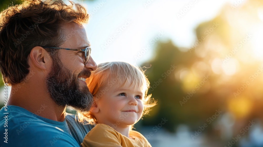 Fototapeta premium A father, wearing glasses, smiles alongside his child in an outdoor setting, showcasing their happiness and enjoyment on a sunny day filled with warmth and sunlight.