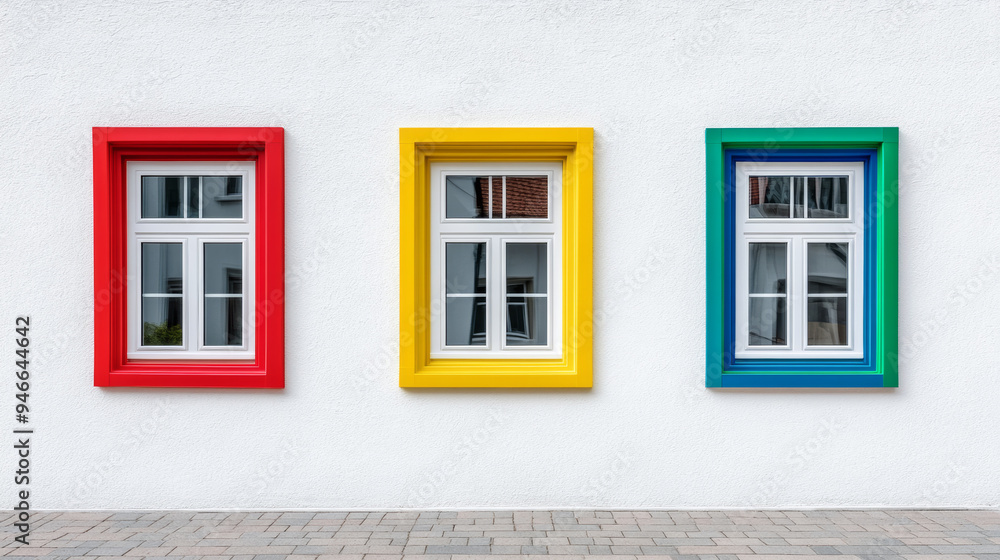 Row of colorful PVC windows in vibrant hues