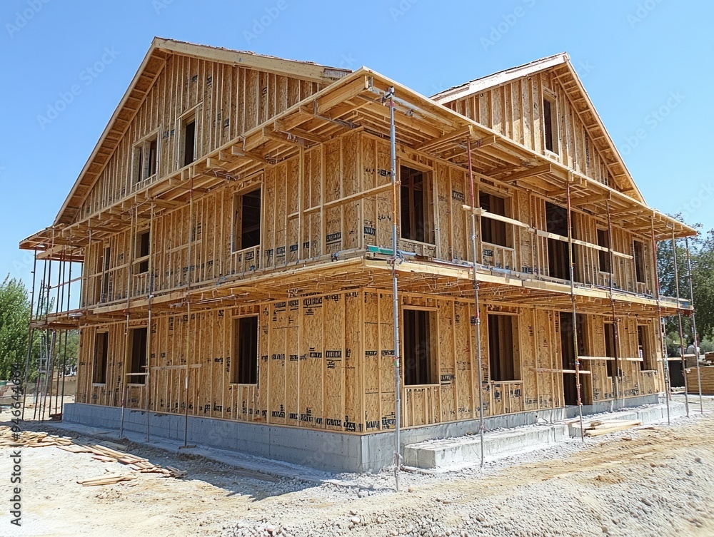 Construction workers build a large wooden structure in a developing neighborhood Construction workers build a large wooden structure in a developing neighborhood