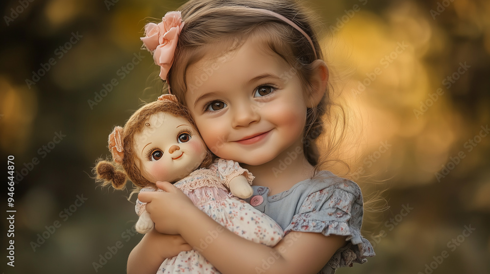 A little girl with a charming smile holds a vintage doll, standing against warm autumn hues. Her hair is adorned with a bow, adding a touch of tenderness to the image A little girl with a charming smile holds a vintage doll, standing against warm autumn hues. Her hair is adorned with a bow, adding a touch of tenderness to the image