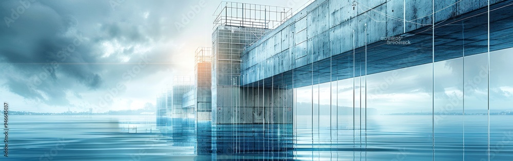 Fototapeta premium A minimalist dam structure reflected in still blue water under a cloudy sky