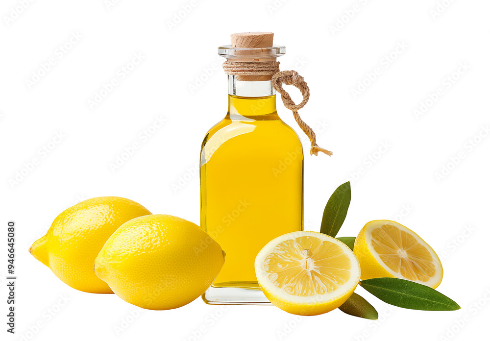 Lemon infused olive oil in bottle with cork surrounded by fresh lemon isolated on white transparent background. Food ingredient and cooking concept Lemon infused olive oil in bottle with cork surrounded by fresh lemon isolated on white transparent background. Food ingredient and cooking concept